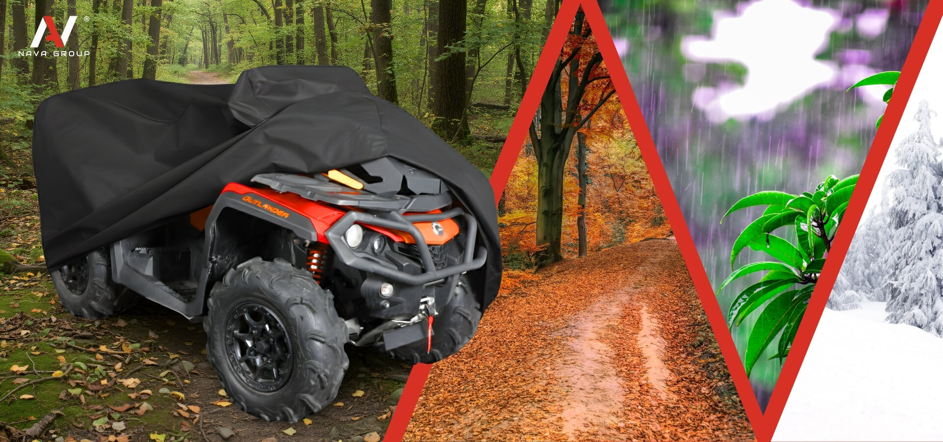Quad przykryty czarnym pokrowcem stoi w lesie, obok widoczne są trzy panele przedstawiające różne pory roku: jesień, deszcz i zimę. W lewym górnym rogu znajduje się logo z napisem \'NAVAR GROUP\'.