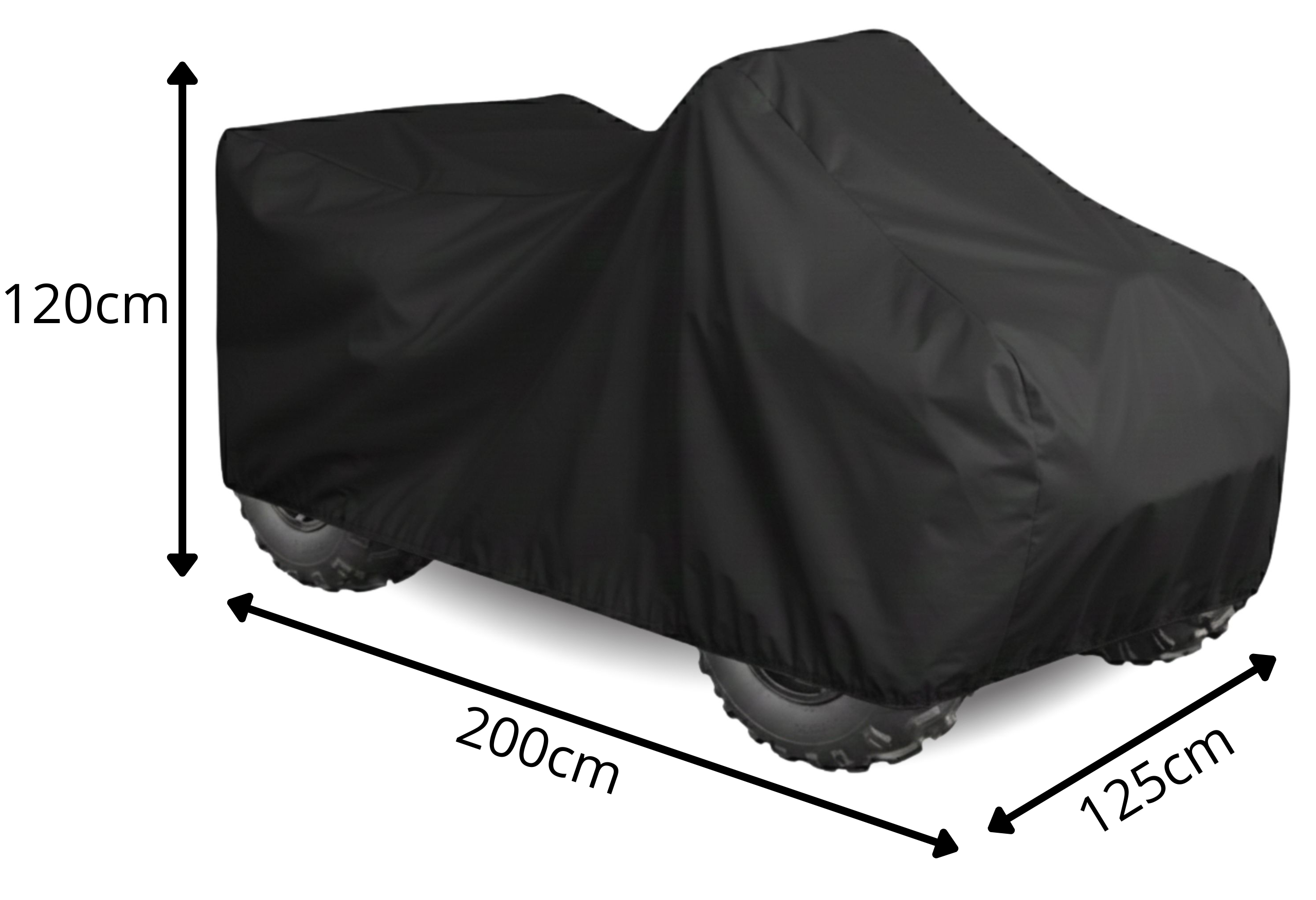 Czarny pokrowiec na quad o wymiarach 200 cm długości, 125 cm szerokości i 120 cm wysokości. Pokrowiec zakrywa cały pojazd, a na obrazie widoczne są wymiary produktu.