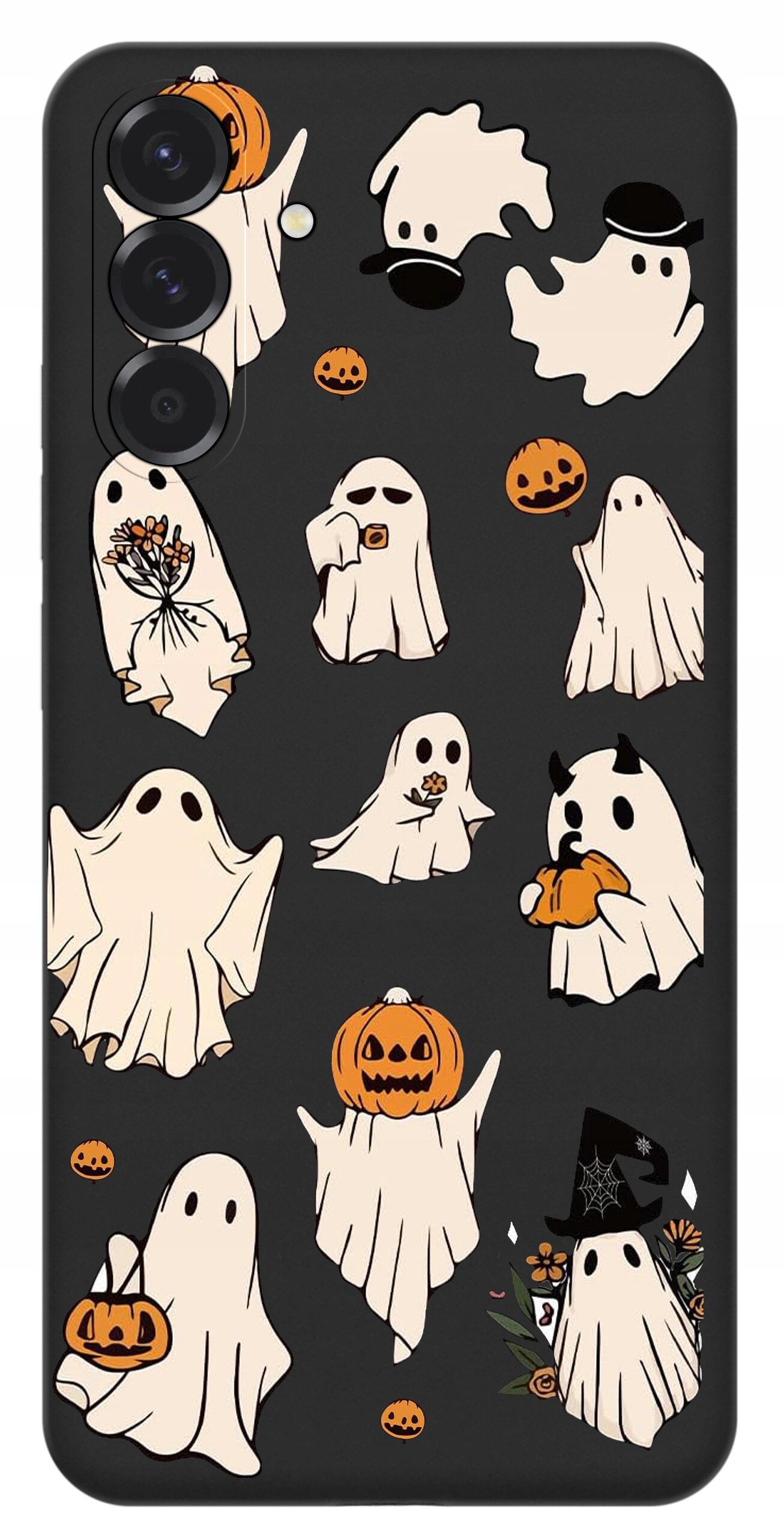 Etui na telefon z czarnym tłem ozdobione wzorami duchów i dyni w stylu Halloween.