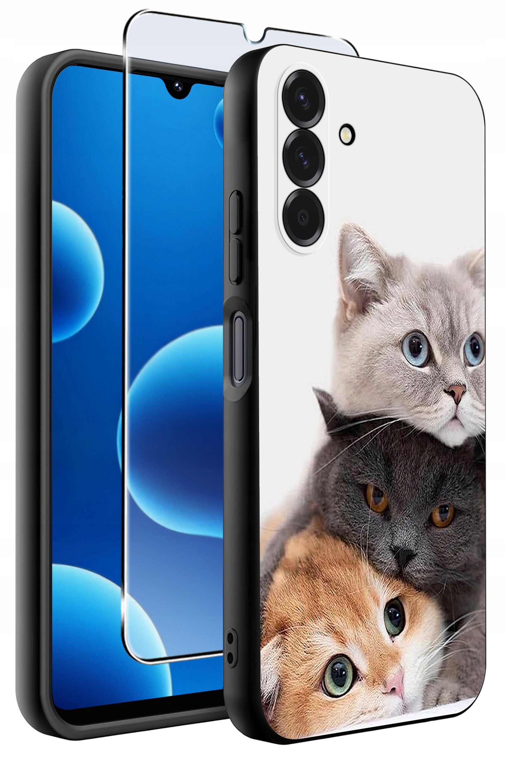 Etui na telefon z nadrukiem trzech kotów, wykonane z matowego silikonu. Obok znajduje się szkło ochronne 9H na ekran.