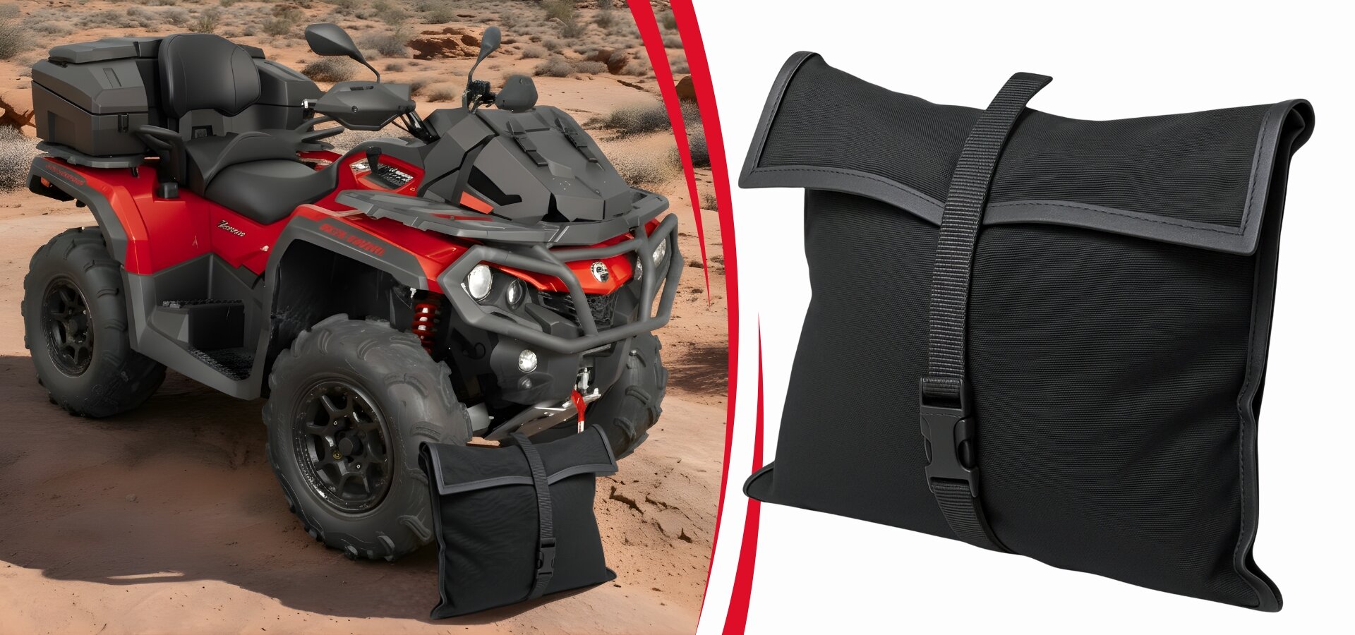 Na obrazie widoczny jest czerwony quad z kufrem, stojący na piaszczystym terenie, obok którego leży czarny pokrowiec. Po prawej stronie znajduje się zbliżenie na złożony pokrowiec z zapięciem na klamrę.
