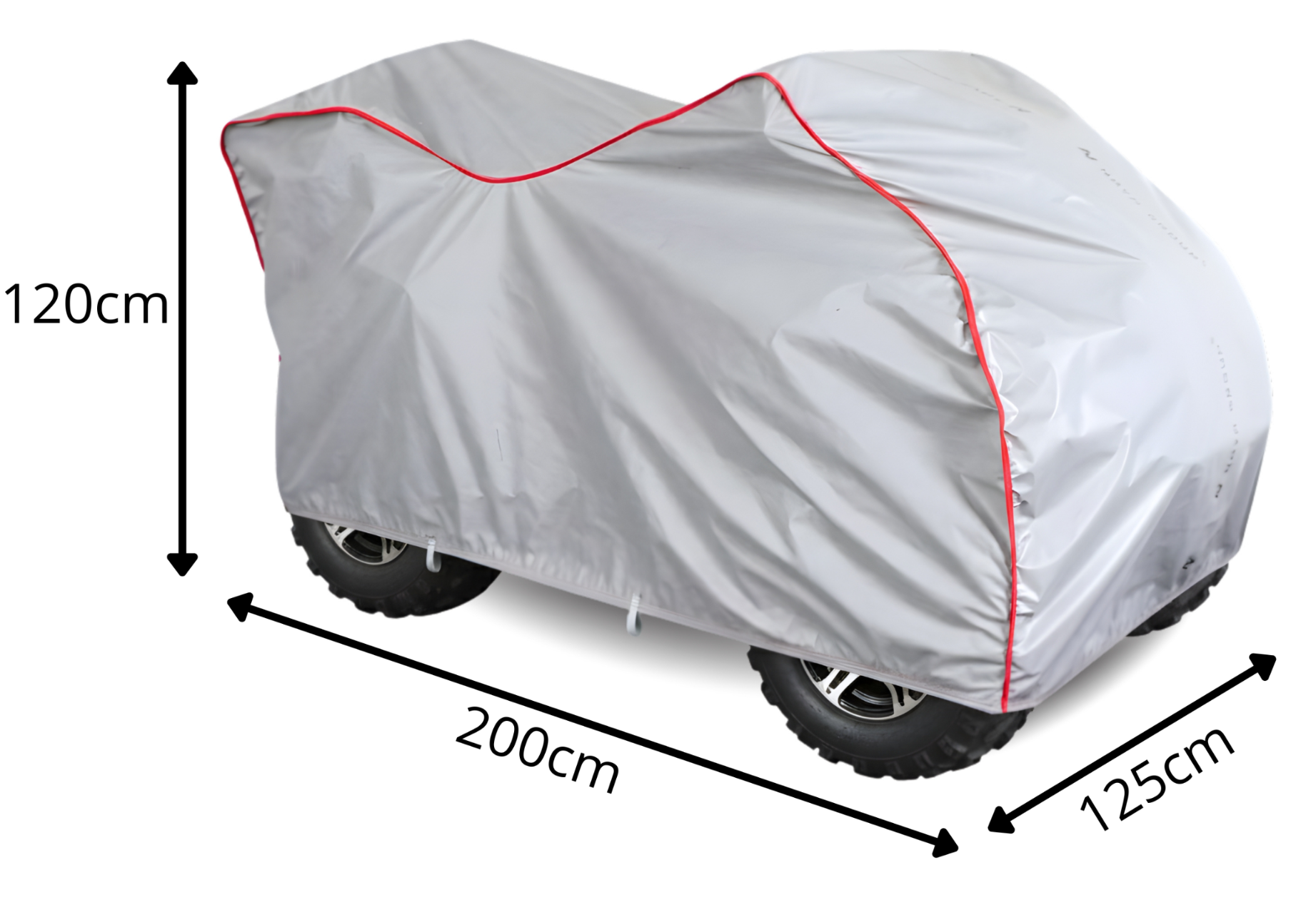 Na obrazie widoczny jest szary pokrowiec na quad z czerwonymi obszyciami, zakrywający pojazd. Obok pokrowca znajdują się wymiary: 120 cm wysokości, 200 cm długości i 125 cm szerokości.