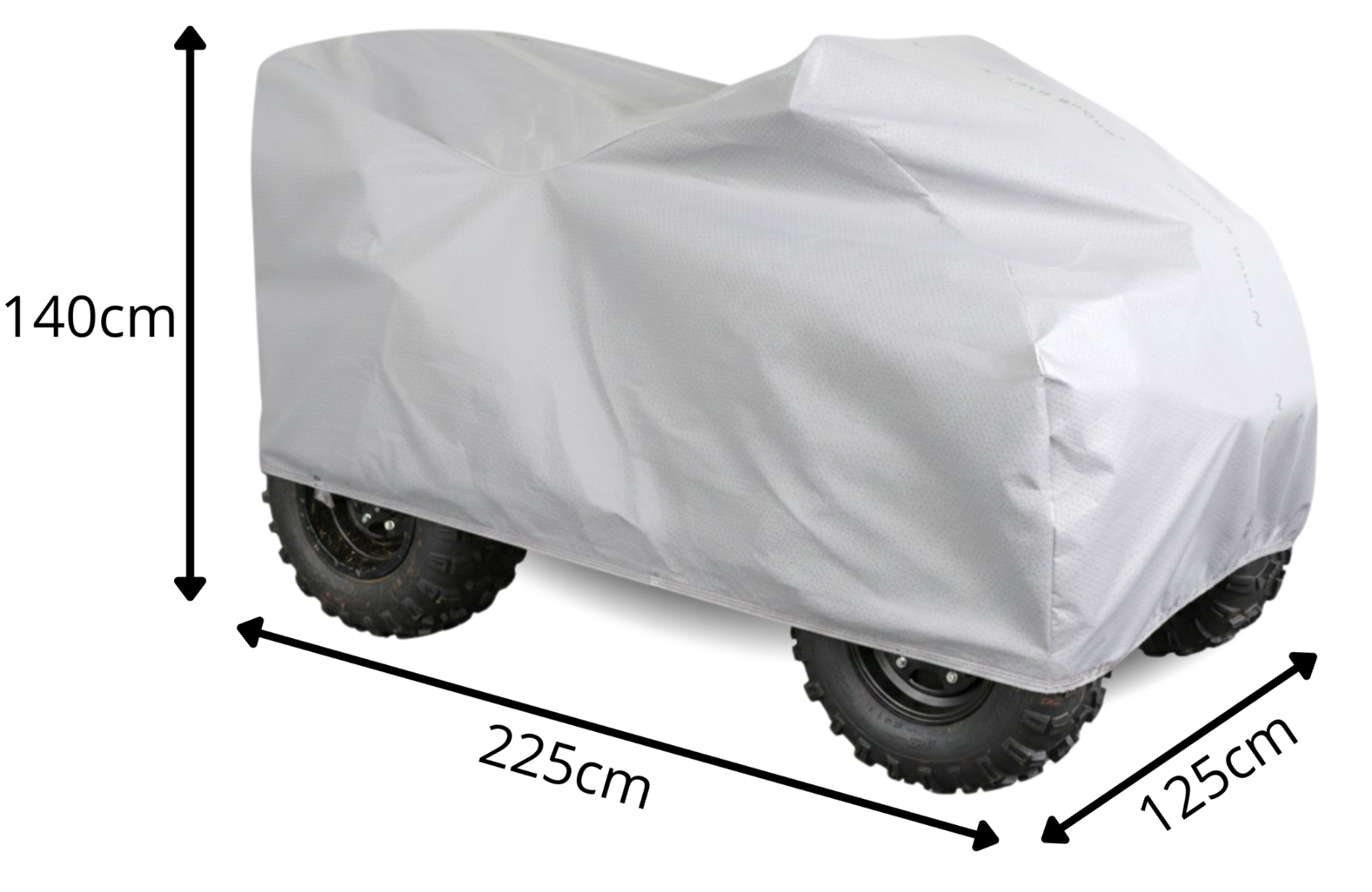 Na zdjęciu widoczny jest pokrowiec w kolorze szarym, zakrywający quada z kufrem. Wymiary pokrowca to 140 cm wysokości, 225 cm długości i 125 cm szerokości.