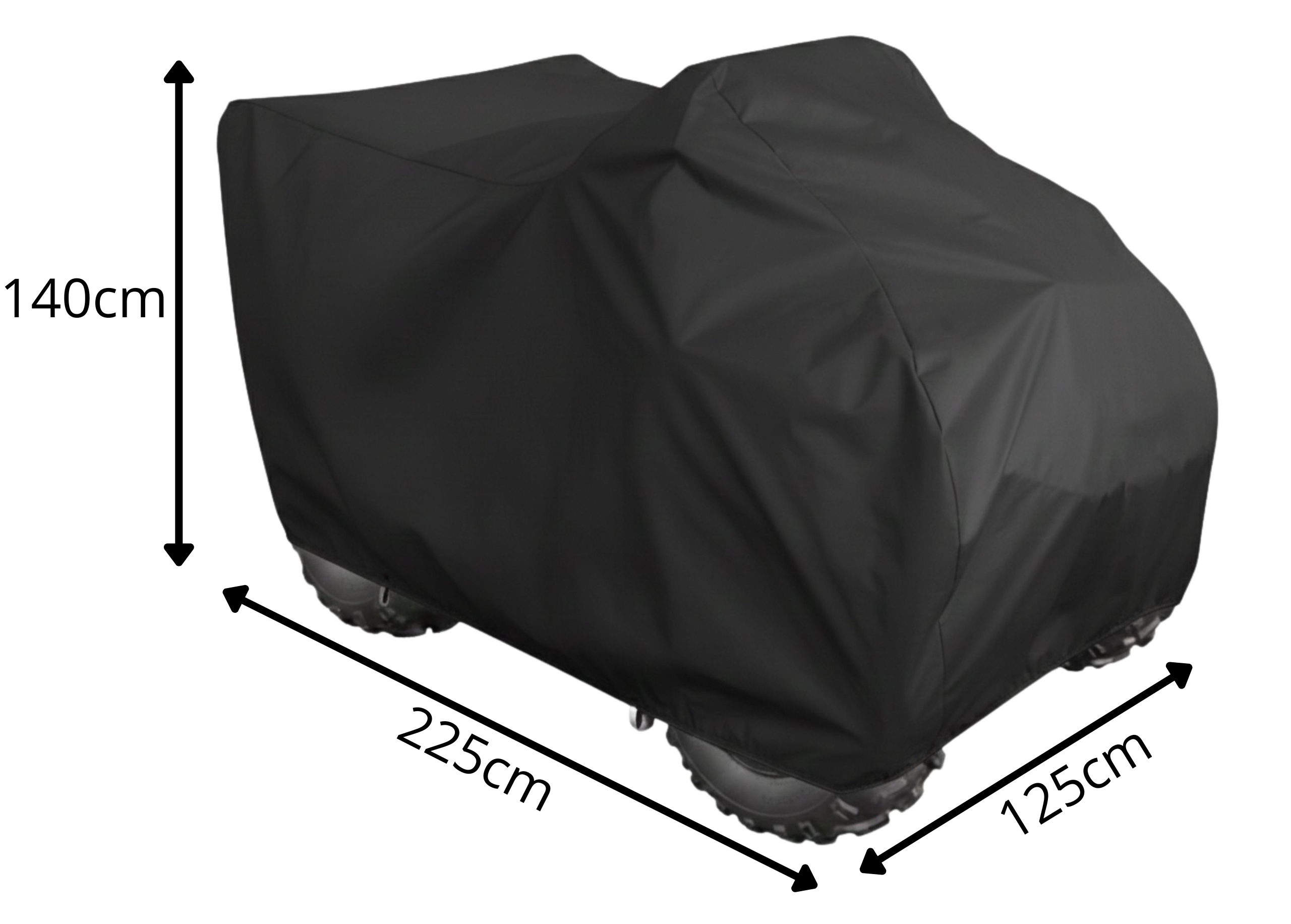 Czarny pokrowiec na quad o wymiarach 140 cm wysokości, 225 cm długości i 125 cm szerokości. Pokrowiec zakrywa pojazd, a jego powierzchnia jest gładka i matowa.