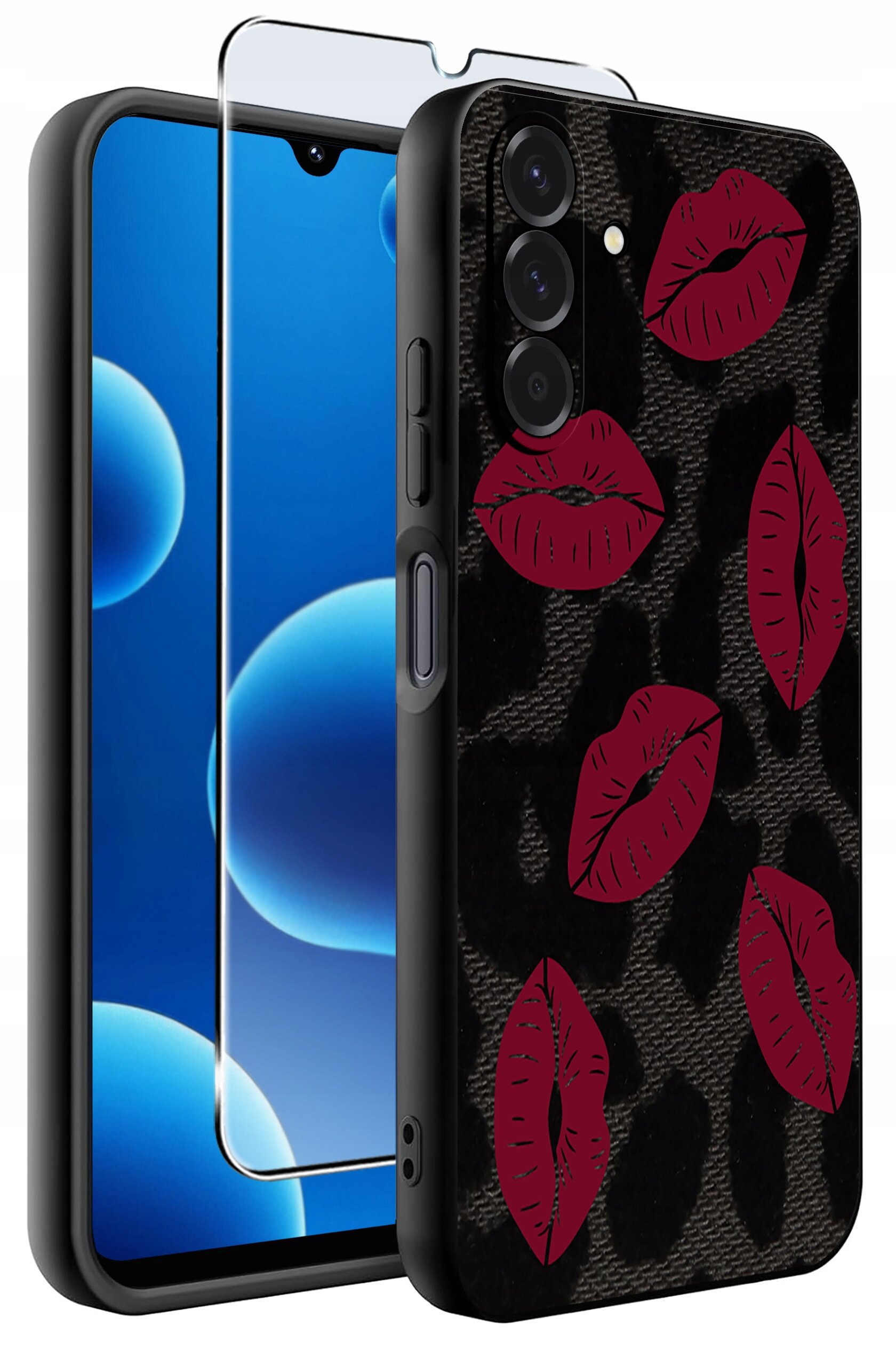 Obraz przedstawia silikonowe etui na telefon z wzorem czerwonych ust na czarnym tle oraz szkło ochronne 9H. Etui ma wycięcia na przyciski i aparat.