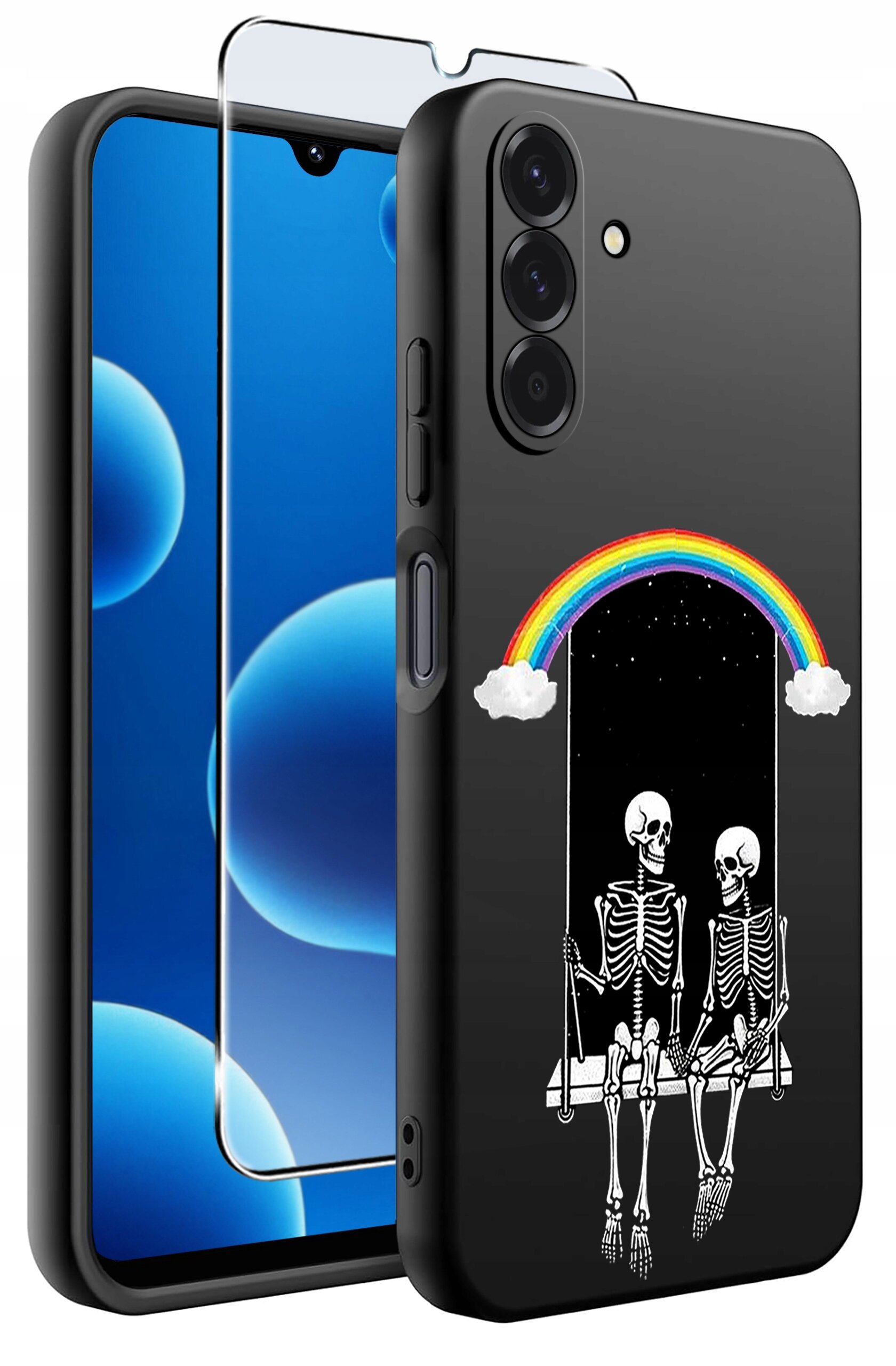 Czarne etui na telefon z nadrukiem dwóch szkieletów siedzących na huśtawce pod tęczą. Obok znajduje się szkło ochronne na ekran.