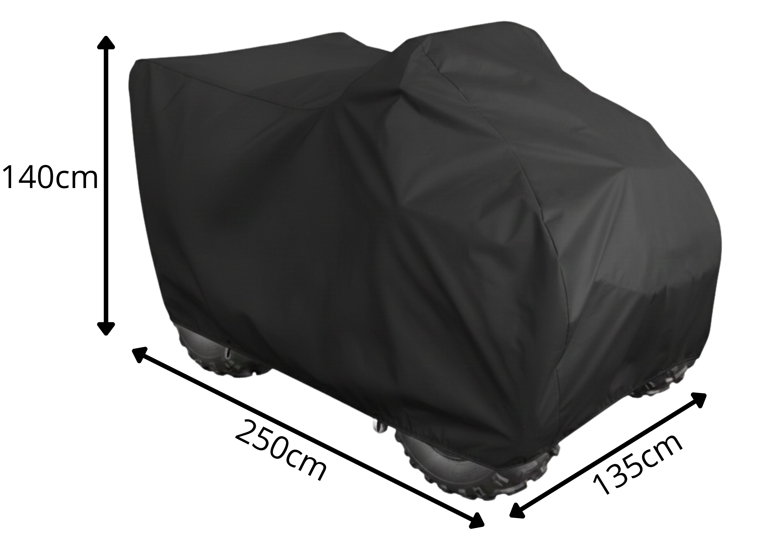 Czarny pokrowiec na quad z kufrem, o wymiarach 140 cm wysokości, 250 cm długości i 135 cm szerokości, zakrywa pojazd. Pokrowiec ma gładką powierzchnię i jest przeznaczony do ochrony przed warunkami atmosferycznymi.
