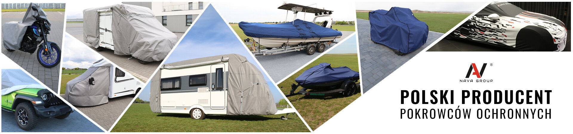 Obraz przedstawia różne pojazdy, takie jak motocykle, przyczepy kempingowe i łodzie, pokryte pokrowcami ochronnymi. Widoczny jest tekst: \'POLSKI PRODUCENT POKROWCÓW OCHRONNYCH\' oraz logo \'NOVA GROUP\'.