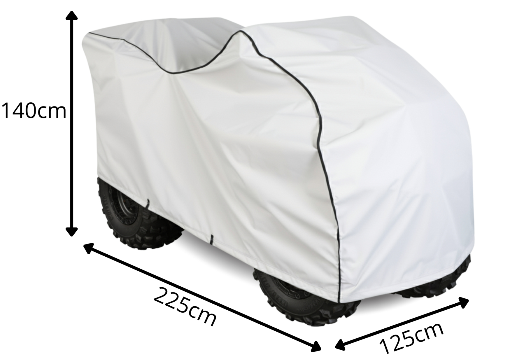 Biały pokrowiec na quad o wymiarach 140 cm wysokości, 250 cm długości i 135 cm szerokości, z czarnymi obszyciami na krawędziach. Pokrowiec zakrywa pojazd, pozostawiając widoczne jedynie koła.