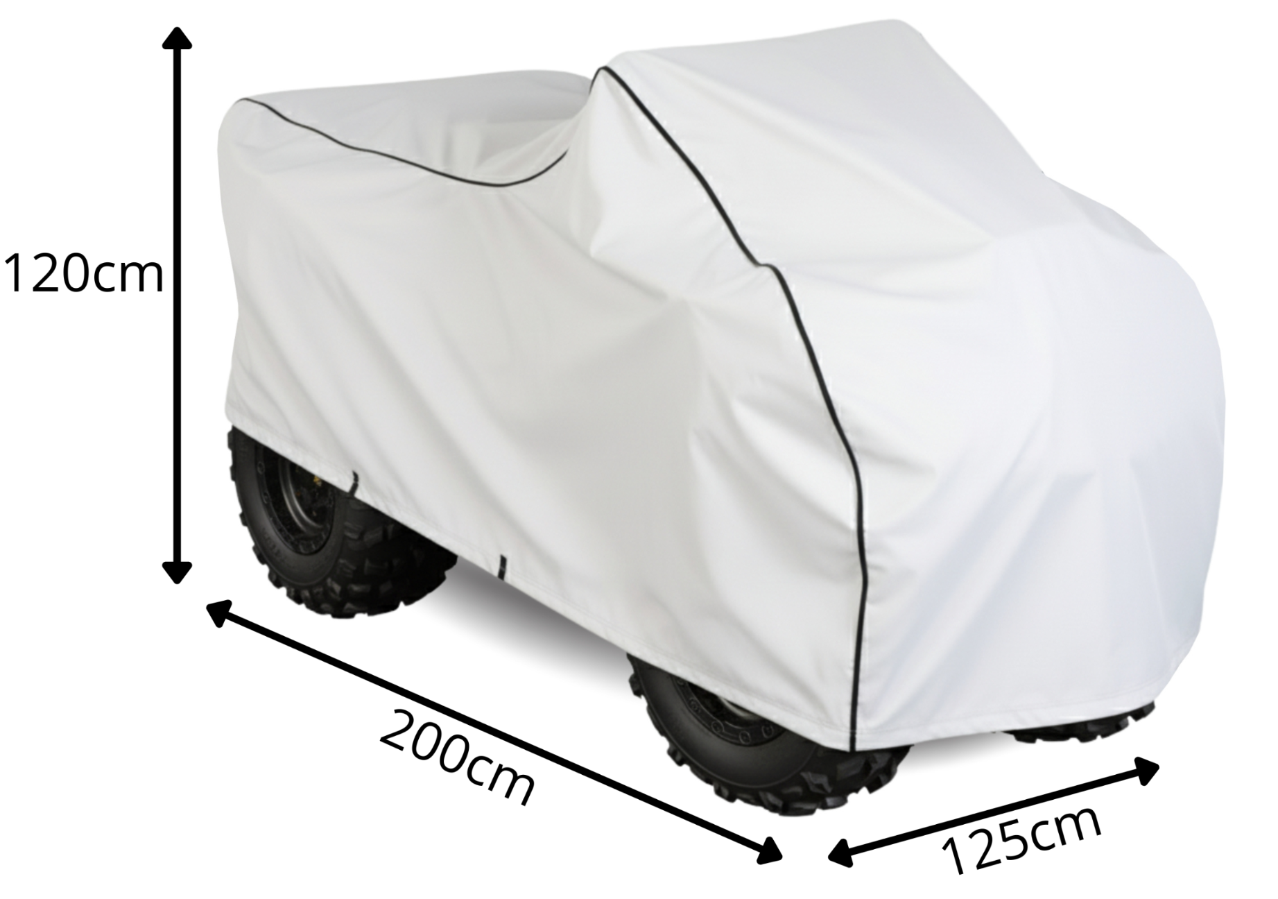 Biały pokrowiec na quad o wymiarach 250 cm długości, 135 cm szerokości i 140 cm wysokości, z czarnymi obszyciami. Pokrowiec zakrywa pojazd, a na zdjęciu widoczne są koła quada.