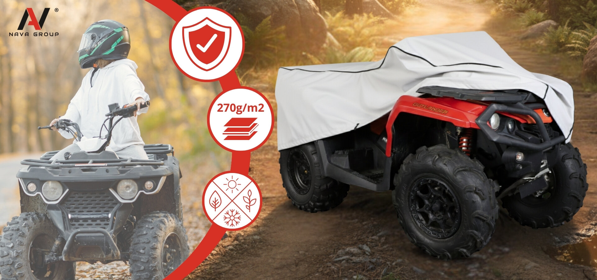 Obraz przedstawia osobę na quadzie oraz drugi quad przykryty białym pokrowcem. Widoczne są ikony z symbolami ochrony, grubości 270g/m2 oraz pory roku, a w lewym górnym rogu znajduje się logo \'NAVA GROUP\'.
