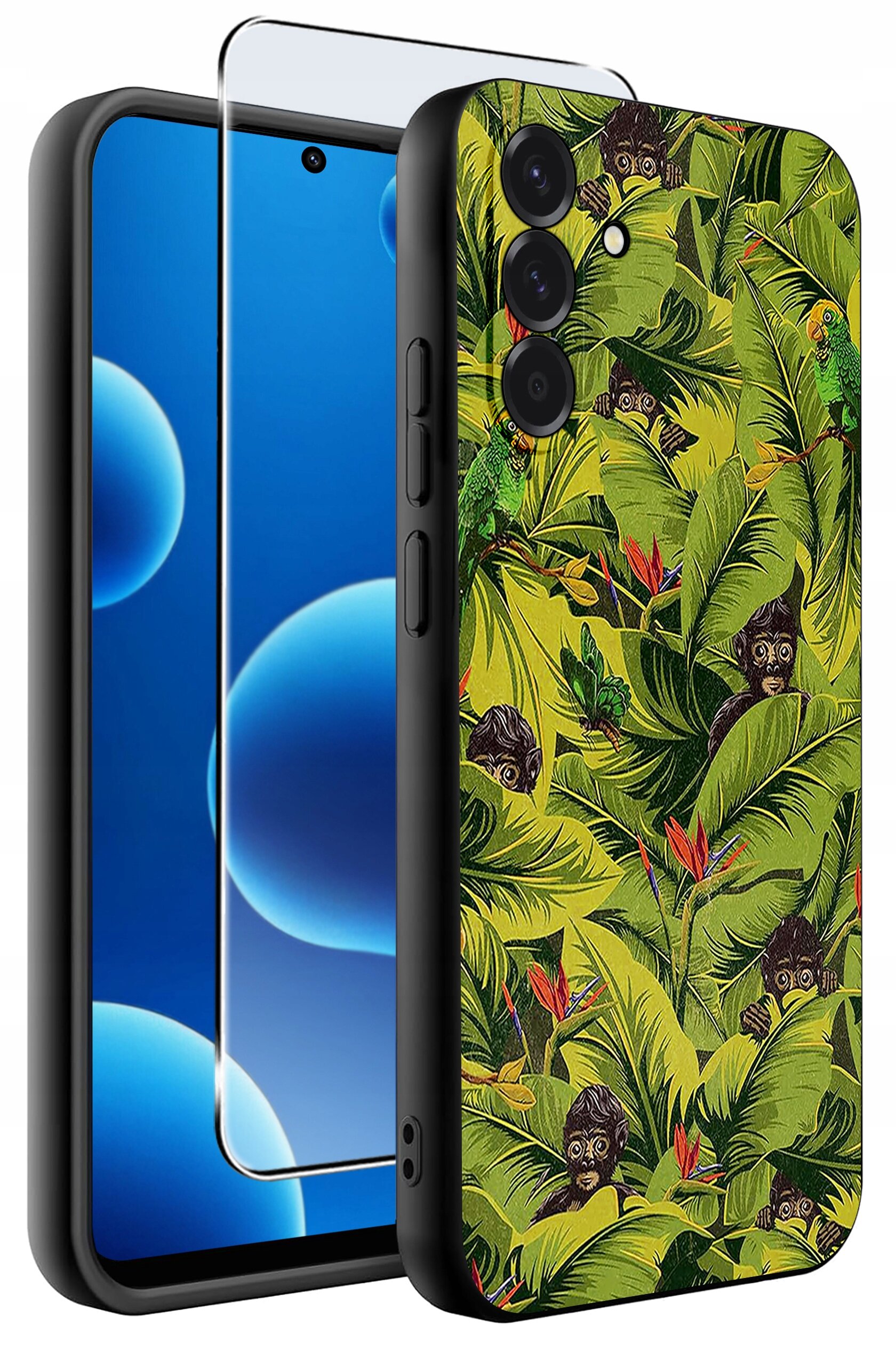 Etui na telefon z kolorowym wzorem przedstawiającym liście i małpy, obok znajduje się szkło ochronne na ekran. Etui jest silikonowe i matowe.