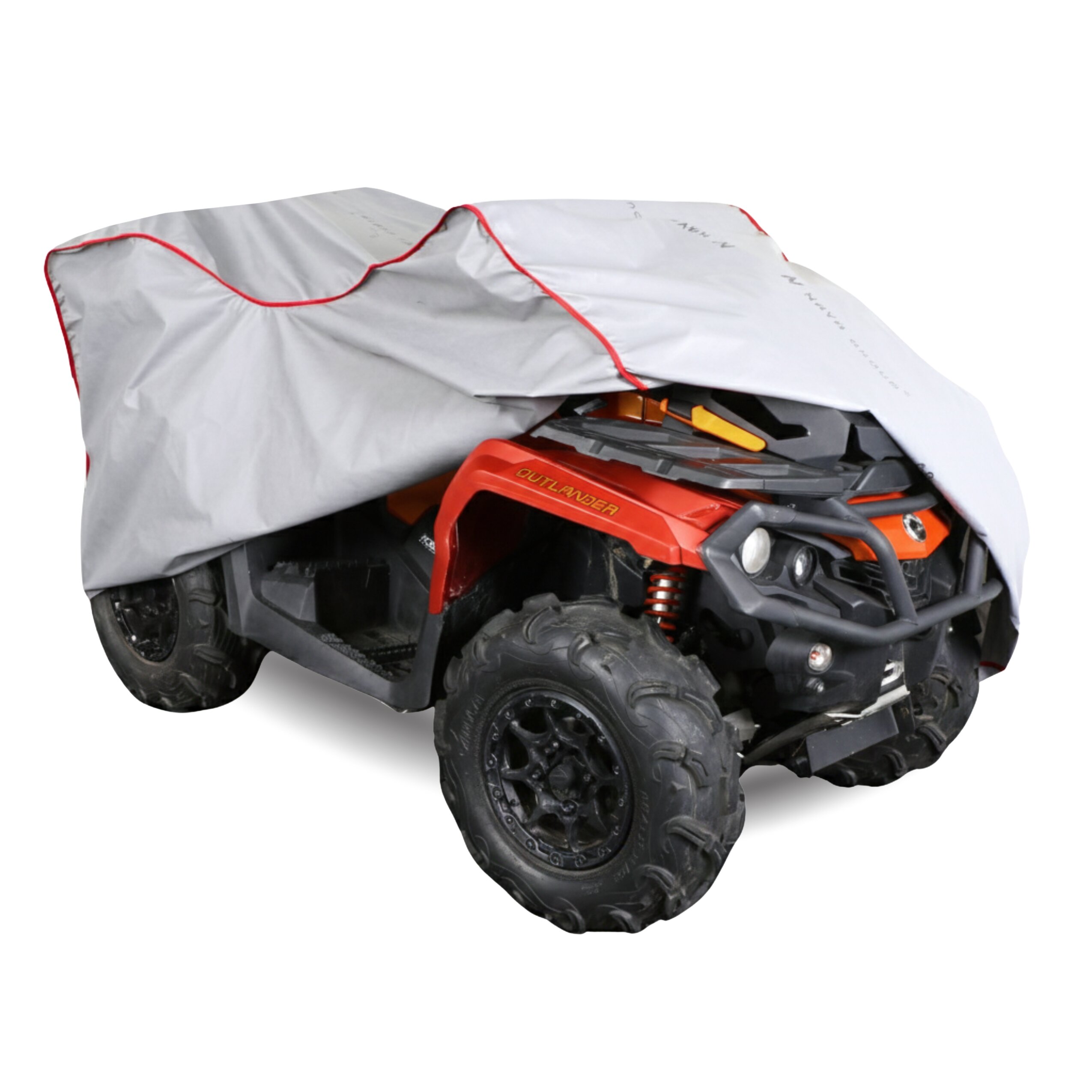 Czerwony quad częściowo przykryty szarą plandeką z czerwonymi krawędziami. Na quadzie widoczny jest napis \'OUTLANDER\'.