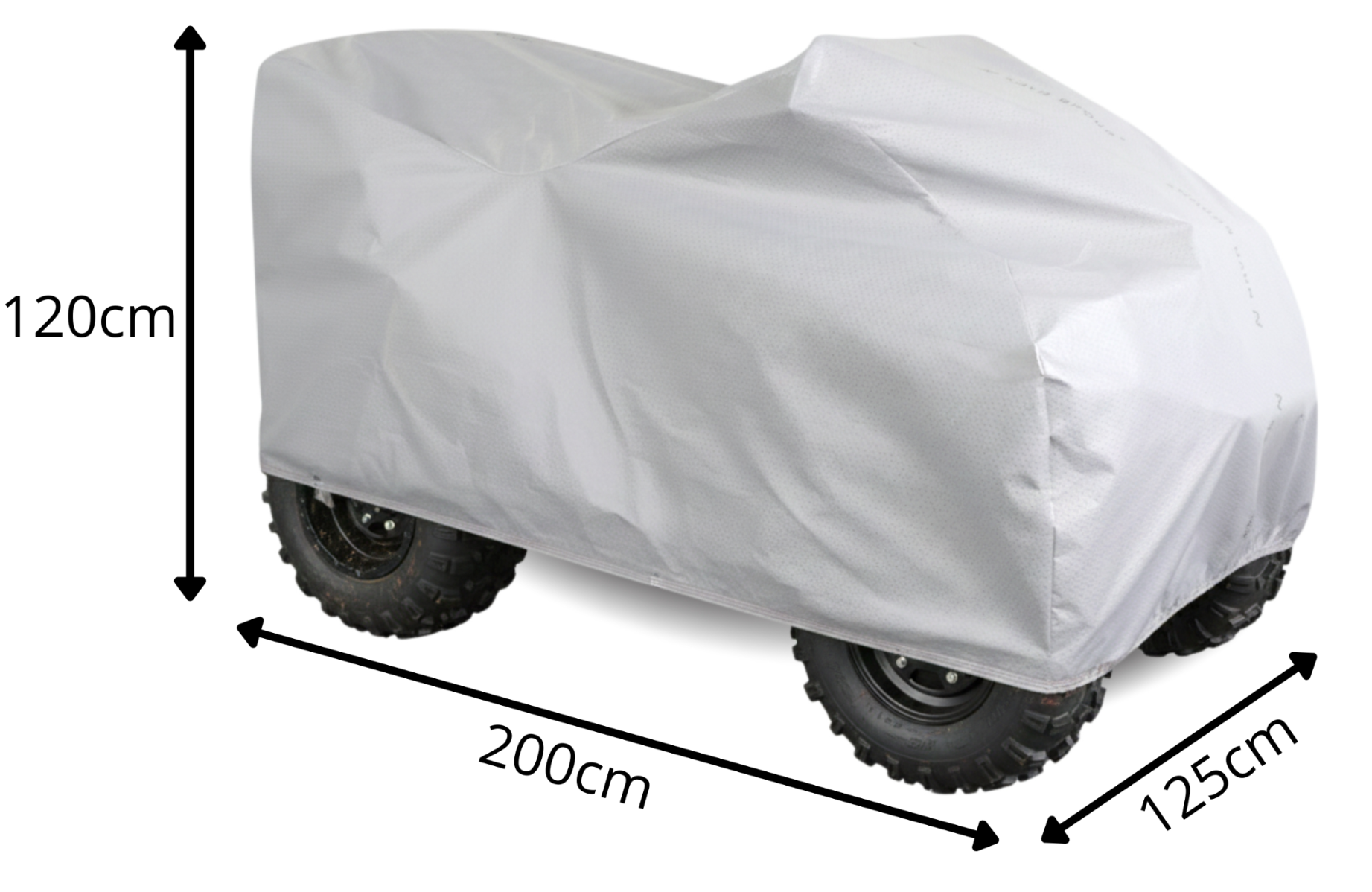 Na obrazie widoczny jest pokrowiec w kolorze szarym, zakrywający pojazd typu quad. Obok pokrowca znajdują się wymiary: 120cm wysokości, 200cm długości i 125cm szerokości.