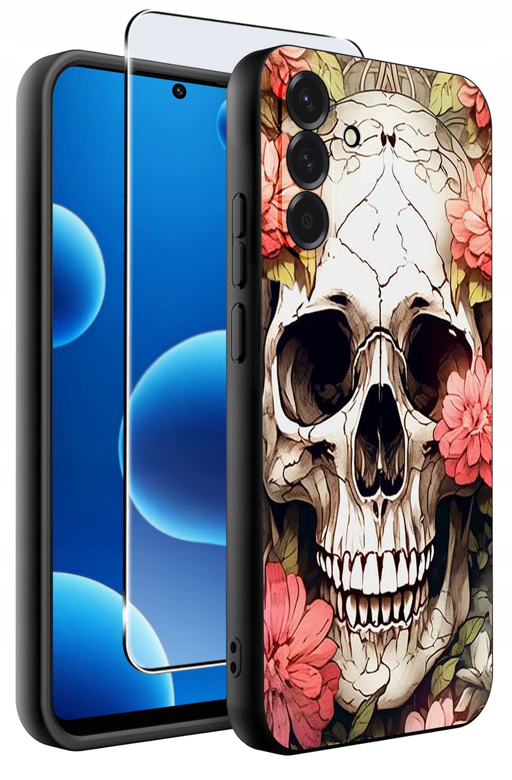 Obraz przedstawia silikonowe etui na telefon z motywem czaszki otoczonej kwiatami oraz szkło ochronne. Etui ma matowe wykończenie i jest przeznaczone do modelu Samsung A36 5G.
