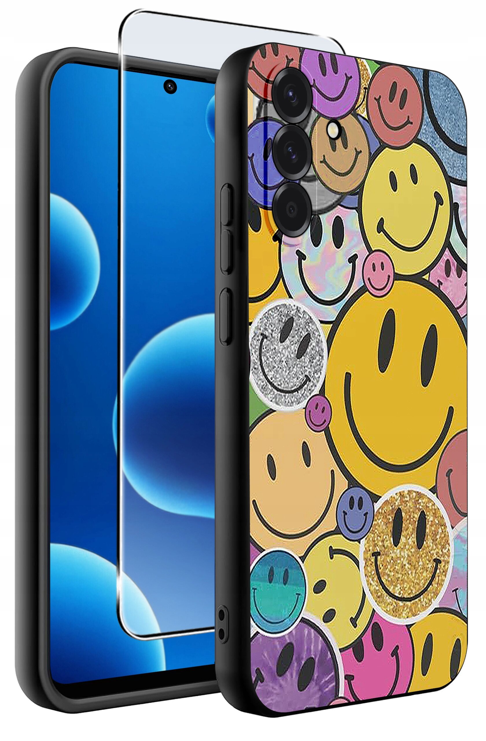 Etui na telefon z kolorowymi wzorami uśmiechniętych buziek oraz szkło ochronne na ekran. Etui jest silikonowe i ma matowe wykończenie.
