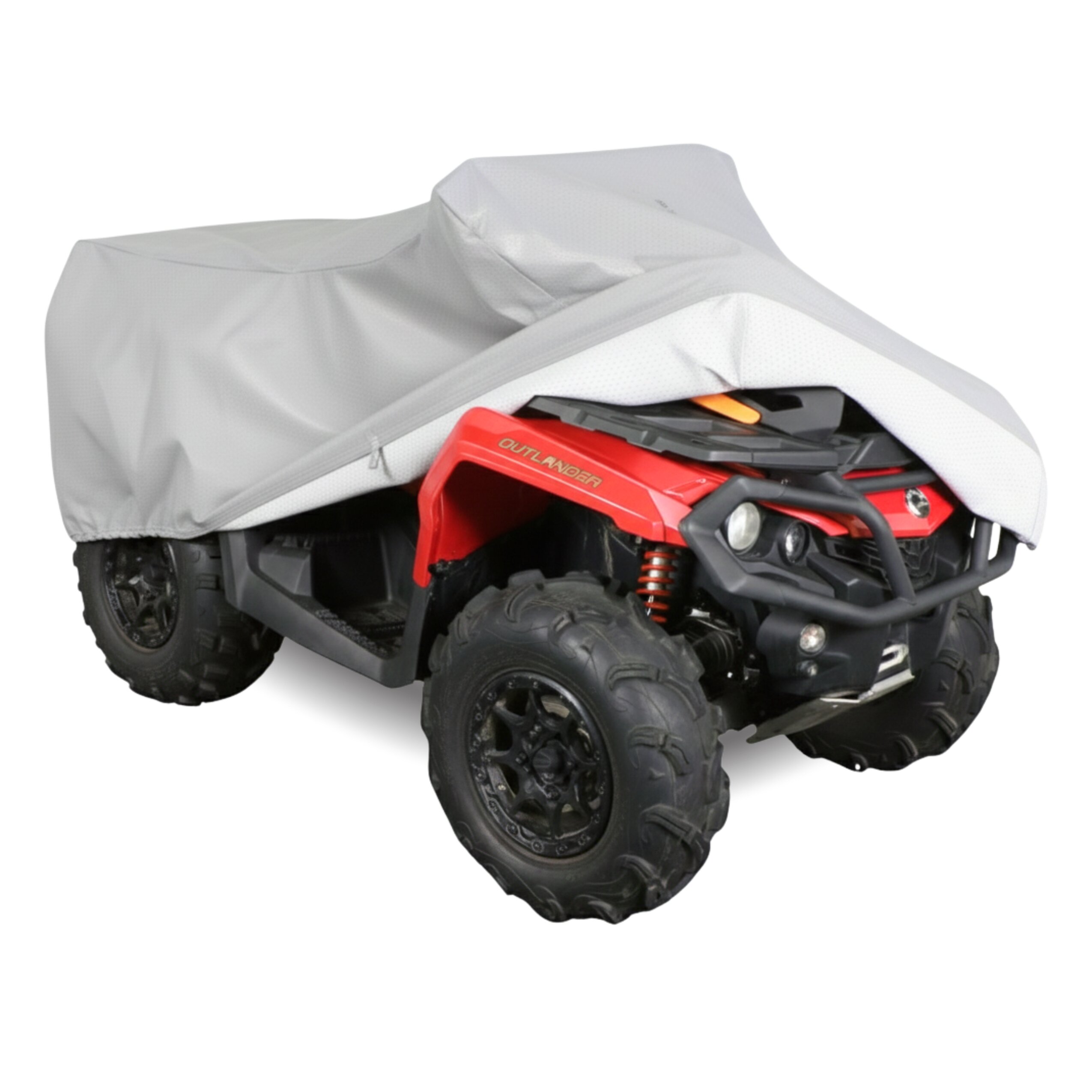 Czerwony quad częściowo przykryty szarą plandeką ochronną. Na quadzie widoczny jest napis \'OUTLANDER\'.