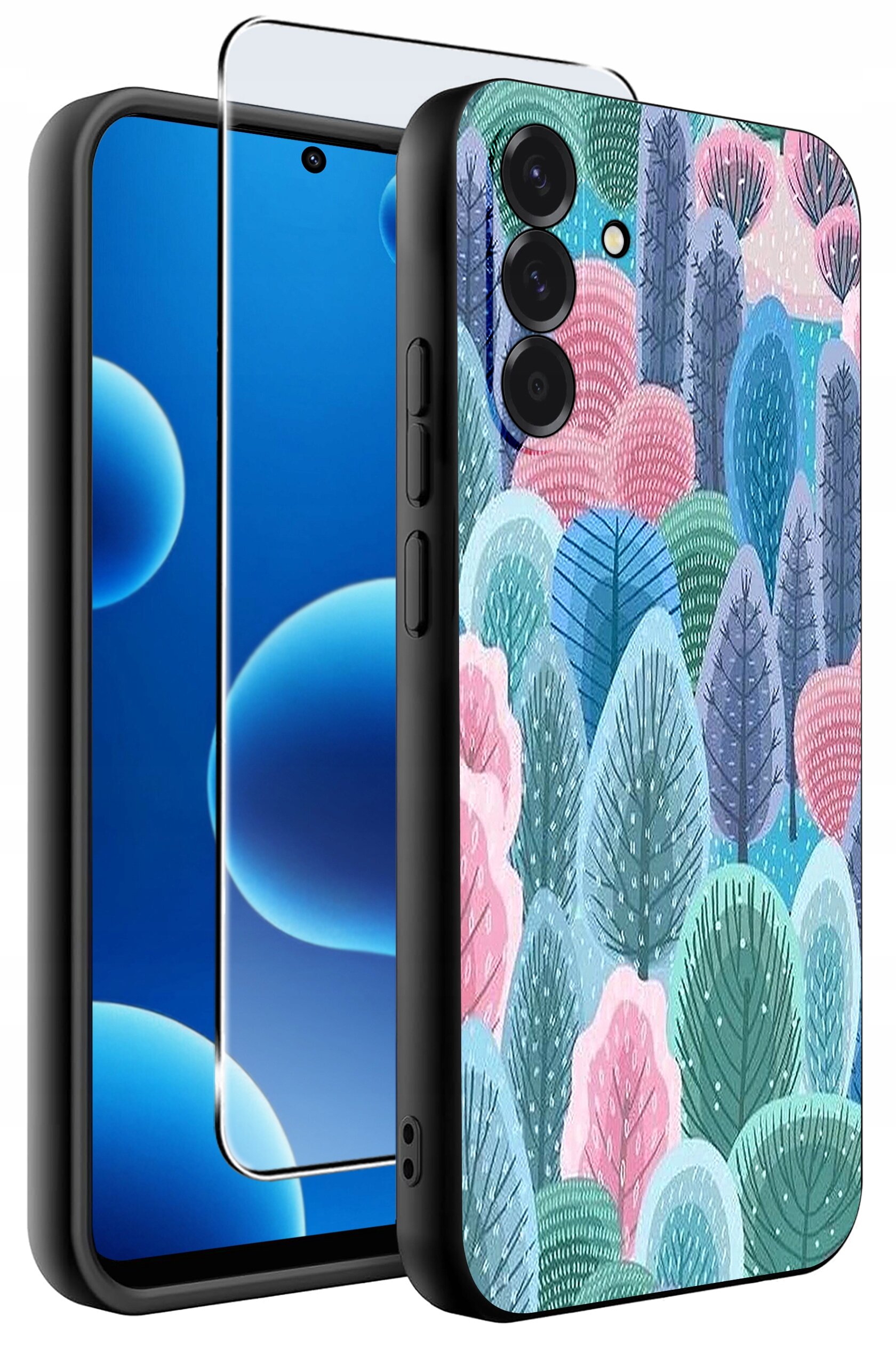 Obraz przedstawia silikonowe etui na telefon z kolorowym wzorem drzew oraz szkło ochronne. Etui ma matowe wykończenie i jest przeznaczone do modelu Samsung A36 5G.