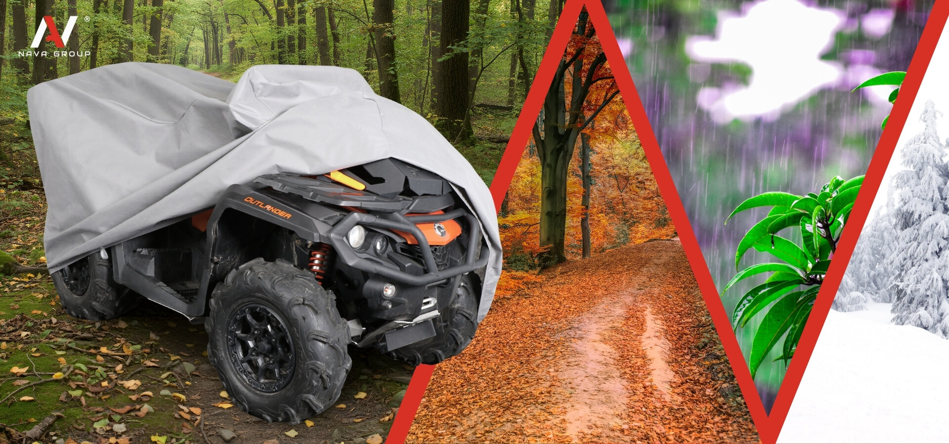 Quad przykryty szarym pokrowcem stoi w lesie, obok widoczne są trzy panele przedstawiające różne pory roku: jesień, deszcz i zimę. W lewym górnym rogu znajduje się logo \'NAVAR GROUP\'.