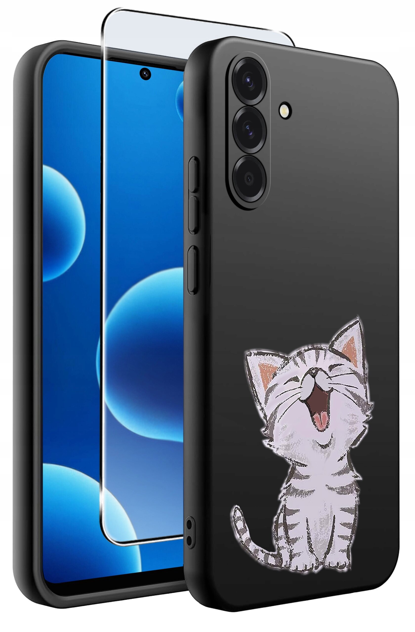 Czarne silikonowe etui na telefon z nadrukiem uśmiechniętego kota. Obok etui znajduje się szkło ochronne na ekran.
