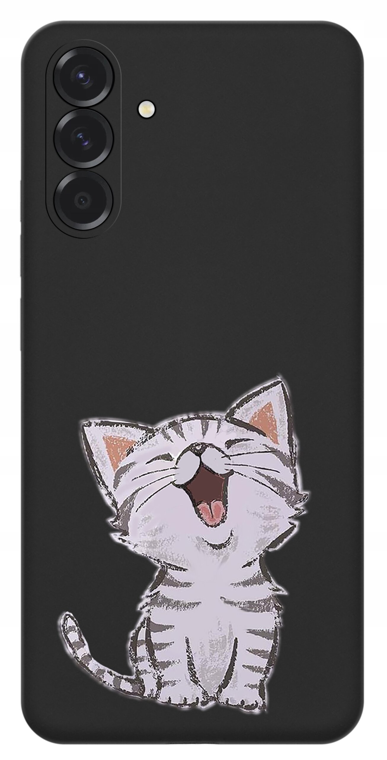 Czarne etui na telefon z nadrukiem uśmiechniętego kota w stylu kreskówkowym. Etui posiada trzy otwory na aparaty i jeden na lampę błyskową.