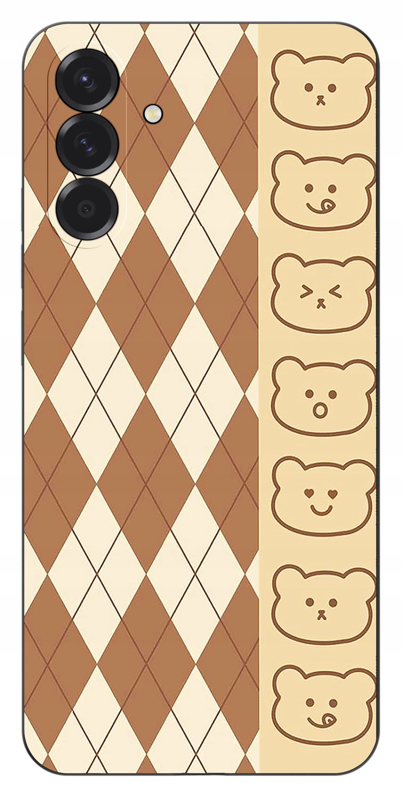 Etui na telefon z wzorem w romby w kolorach brązowym i kremowym oraz rzędem rysunków misiów po prawej stronie.