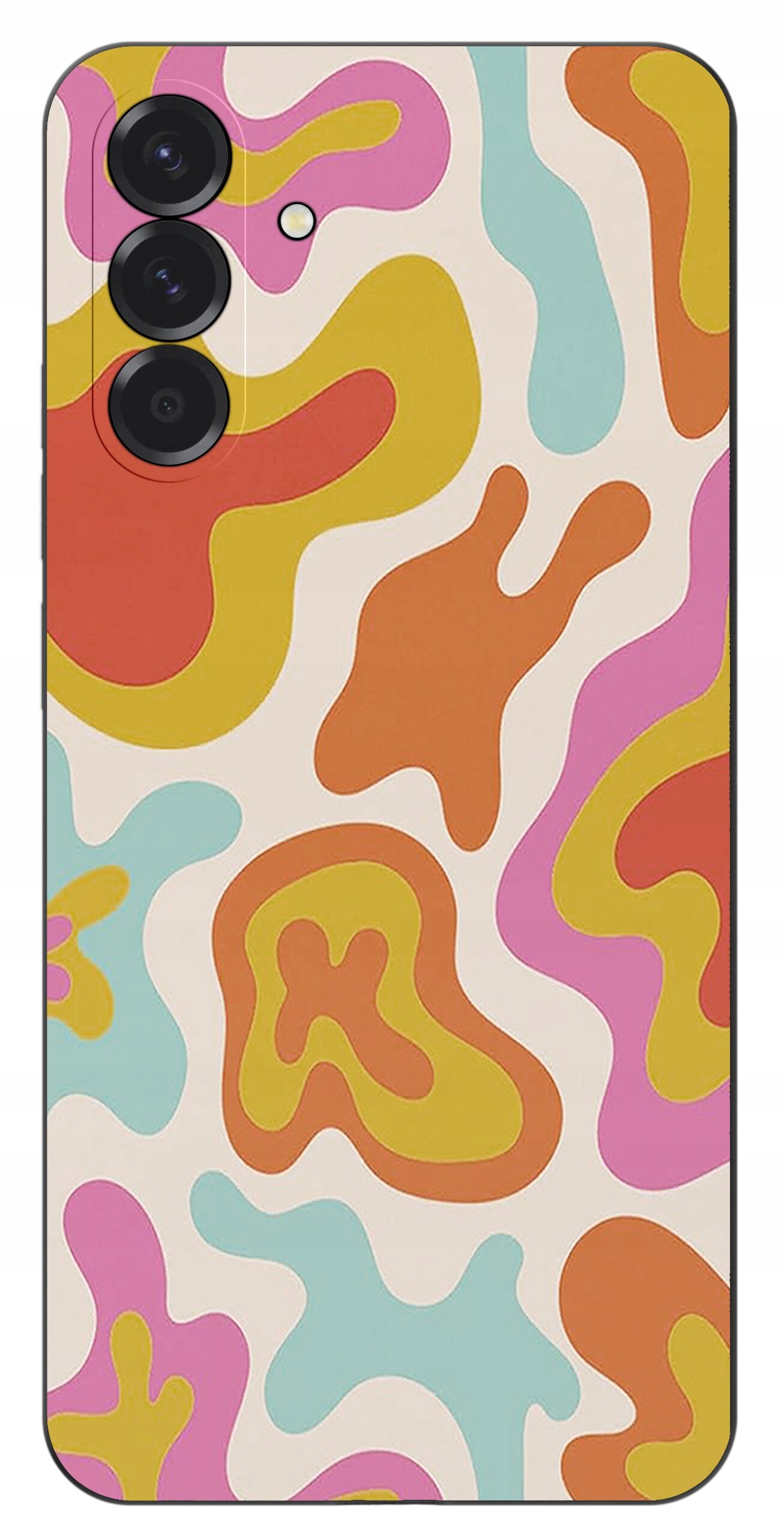 Etui na telefon z kolorowym, abstrakcyjnym wzorem w odcieniach pomarańczowego, różowego, żółtego i niebieskiego. Widoczne są trzy otwory na aparaty fotograficzne.