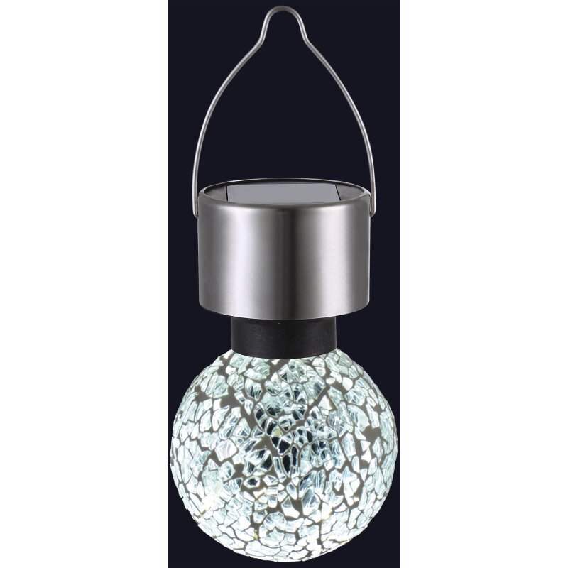 Wisząca lampka solarna LED z metalowym uchwytem i mozaikowym kloszem. Górna część lampki jest wykonana ze stali nierdzewnej.