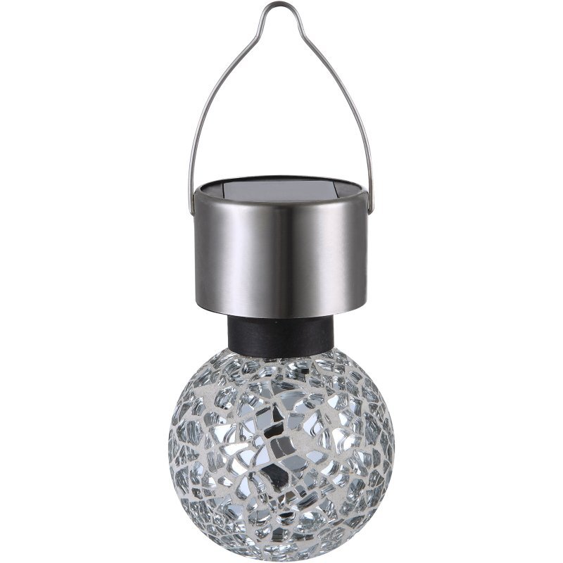 Wisząca lampka solarna LED z metalowym uchwytem i mozaikową szklaną kulą. Górna część lampki jest wykonana z metalu, a dolna z przezroczystego szkła z dekoracyjnym wzorem.