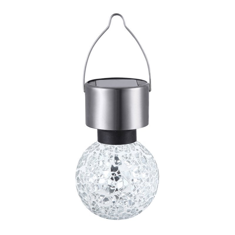 Wisząca lampka solarna LED z metalowym uchwytem i szklaną kulą o mozaikowej strukturze.