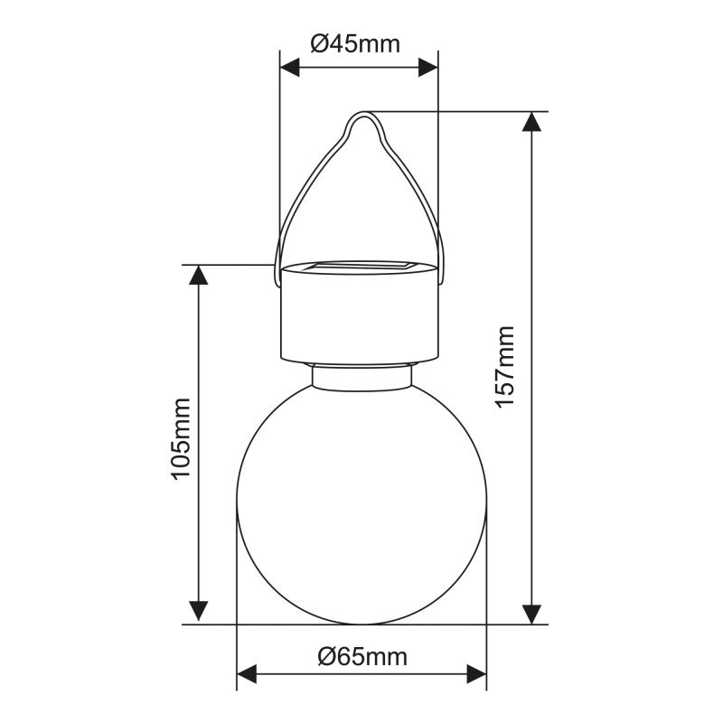 Schematyczny rysunek lampki solarnej LED wiszącej z wymiarami: wysokość całkowita 157 mm, średnica górnej części 45 mm, średnica dolnej części 65 mm, wysokość dolnej części 105 mm.