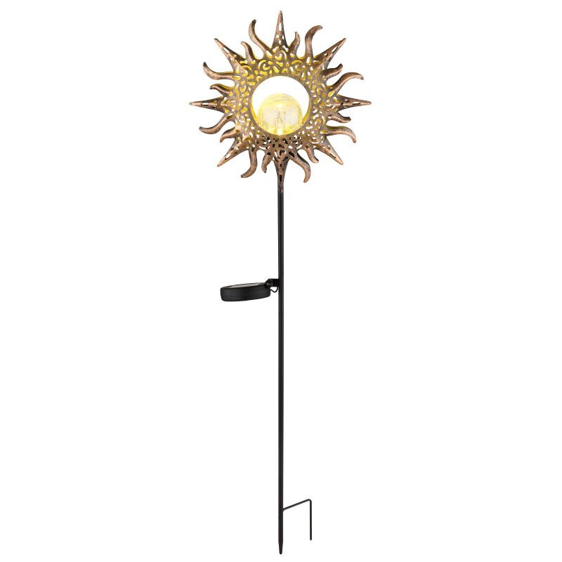 Lampa solarna LED w kształcie słońca z ozdobnymi promieniami, zamontowana na długim, czarnym pręcie z uchwytem na panel solarny.