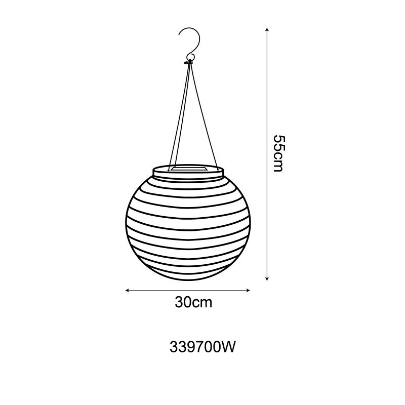 Ilustracja przedstawia wiszącą lampę ogrodową o kulistym kształcie z poziomymi paskami. Wymiary lampy to 30 cm szerokości i 55 cm wysokości, oznaczenie 339700W.