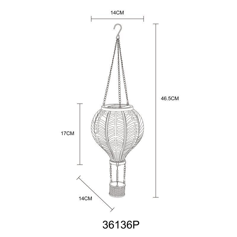 Schemat lampy wiszącej w kształcie balonu z wymiarami: wysokość 46,5 cm, szerokość 14 cm, wysokość klosza 17 cm. Widoczny numer modelu: 36136P.