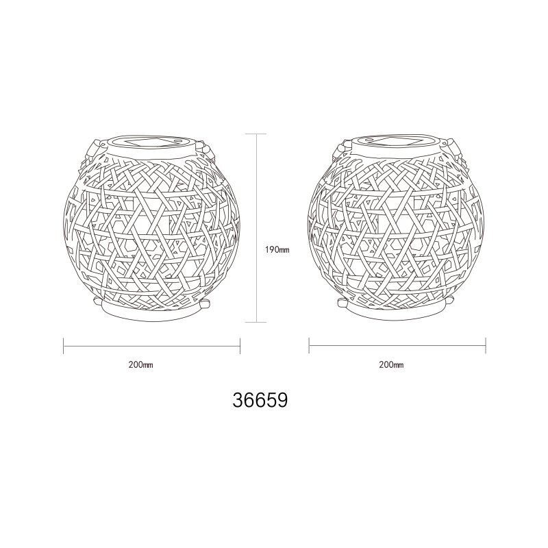 Rysunek przedstawia dwie lampy o kulistym kształcie z plecionym wzorem, każda o wymiarach 200 mm szerokości i 190 mm wysokości. Na dole widoczny jest numer 36659.