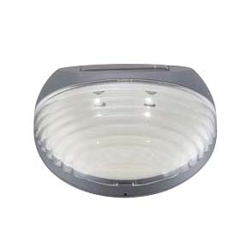 Na obrazie widoczna jest półokrągła lampa solarna z przezroczystym kloszem i szarym obramowaniem. Lampa posiada dwa małe źródła światła wewnątrz klosza.