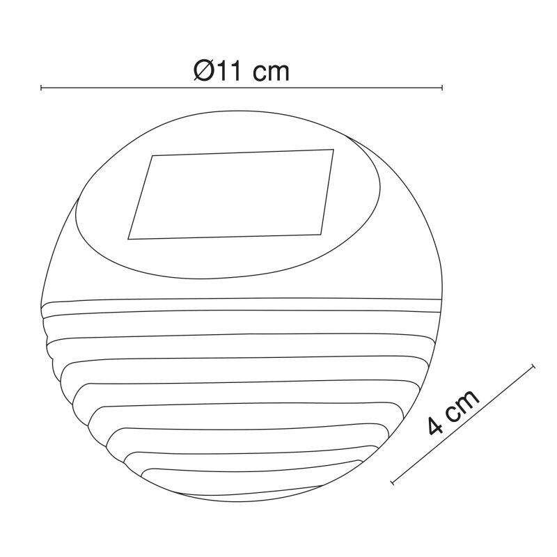 Schematyczny rysunek okrągłej lampy z panelem solarnym na górze, o średnicy 11 cm i wysokości 4 cm.