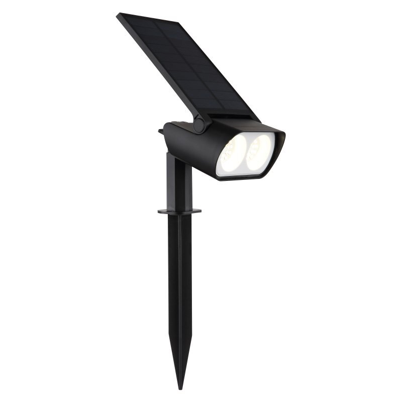 Czarna lampa solarna z dwoma okrągłymi reflektorami LED i panelem słonecznym na górze, zamontowana na szpikulcu do wbicia w ziemię.
