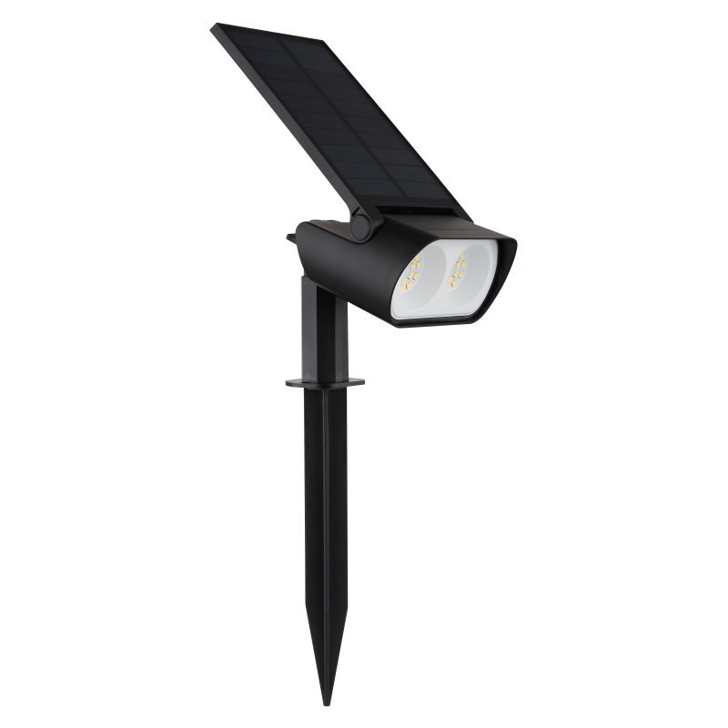 Czarna lampa solarna z panelem słonecznym i dwoma źródłami światła LED, zamontowana na szpikulcu do wbicia w ziemię. Produkt przeznaczony do oświetlenia ogrodowego.