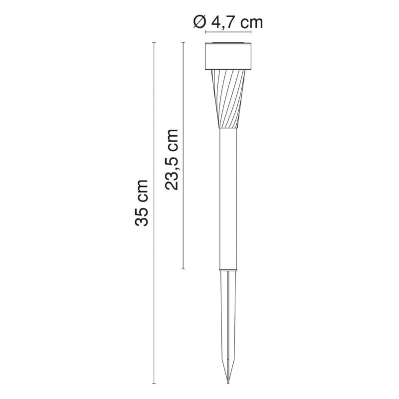 Schematyczny rysunek lampy solarnej z wymiarami: wysokość 35 cm, długość części nadziemnej 23,5 cm, średnica 4,7 cm.