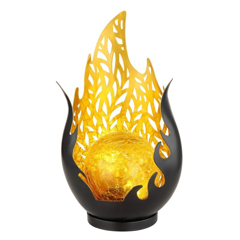 Lampa solarna LED o dekoracyjnym wyglądzie, przypominająca płomień, z żółtym, szklanym kloszem wewnątrz czarnej, ażurowej obudowy.