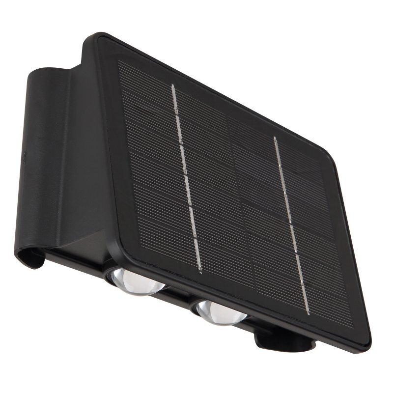 Czarna, prostokątna oprawa elewacyjna z panelem solarnym na górze i czterema okrągłymi diodami LED na dole.
