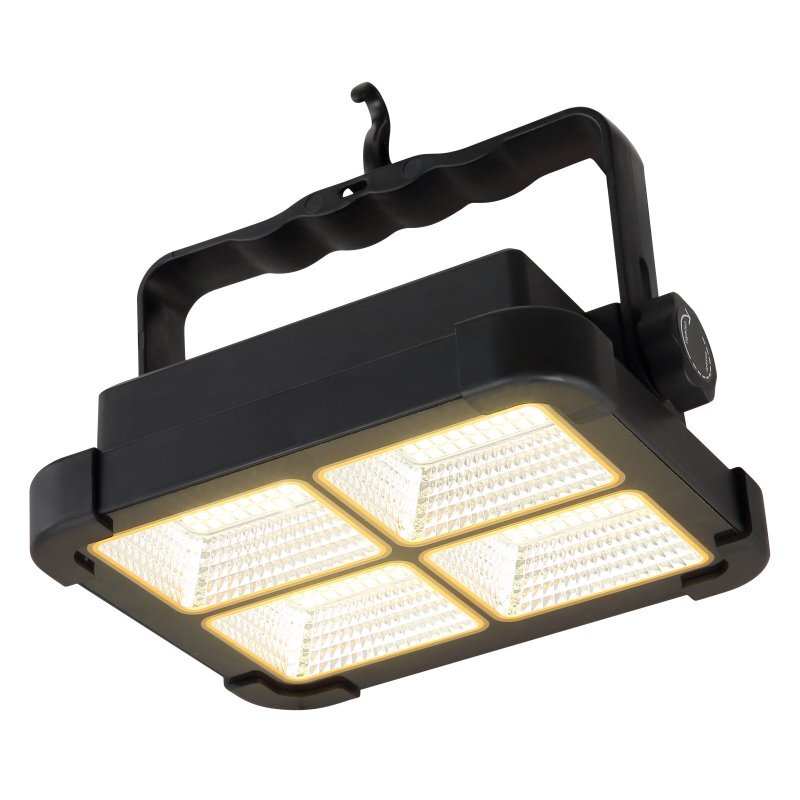 Czarna lampa solarna LED z czterema prostokątnymi panelami świetlnymi i uchwytem do zawieszenia. Na boku znajduje się pokrętło z oznaczeniami w formie symboli.