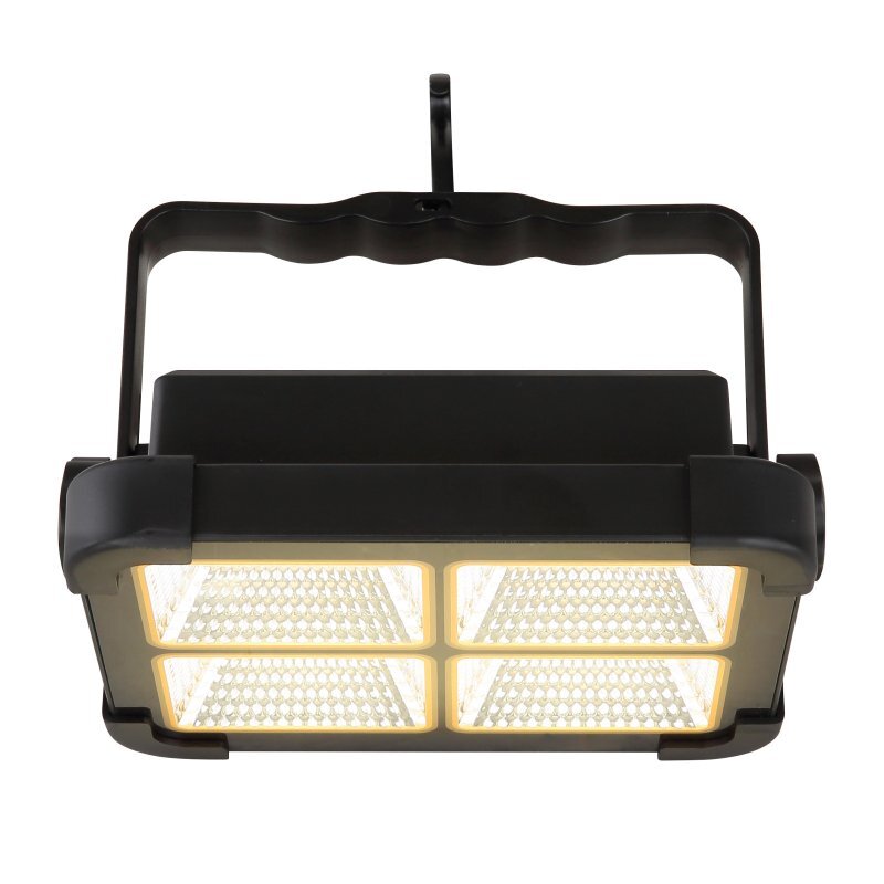 Czarna, wisząca lampa LED z czterema panelami świetlnymi, emitująca jasne światło. Lampa posiada uchwyt do zawieszenia.