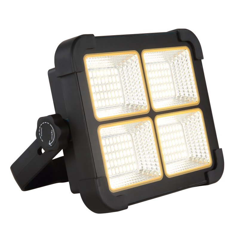 Czarna lampa LED z czterema kwadratowymi panelami świetlnymi, każdy otoczony złotą ramką. Na uchwycie widoczny jest napis \'LOCK\'.