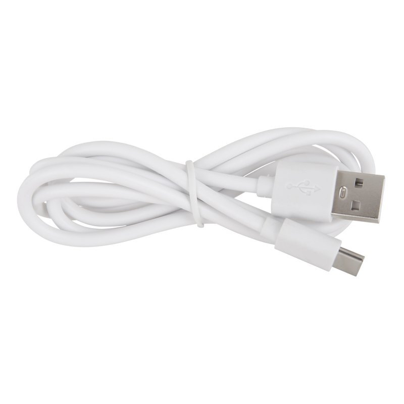 Biały kabel USB z końcówkami typu USB-A i USB-C, zwinięty i spięty plastikową opaską.