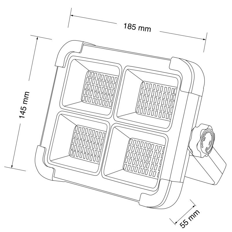 Schematyczny rysunek lampy solarnej LED z czterema panelami, z wymiarami 185 mm na 145 mm na 55 mm. Widoczny jest również element montażowy z logo \'Globo\'.