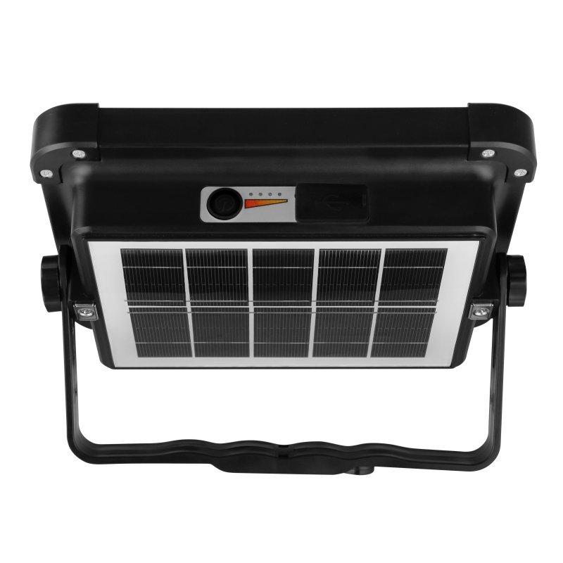 Czarna lampa solarna LED z panelem słonecznym i uchwytem do zawieszenia. Na obudowie widoczny jest wskaźnik zasilania z przyciskiem.