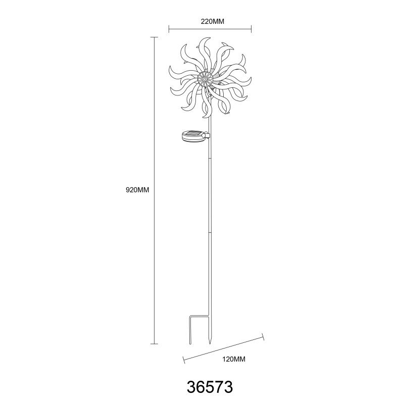 Schemat lampy solarnej dogruntowej LED z kołem wiatrowym, o wysokości 920 mm i szerokości 220 mm. Na dole widoczny jest numer 36573.