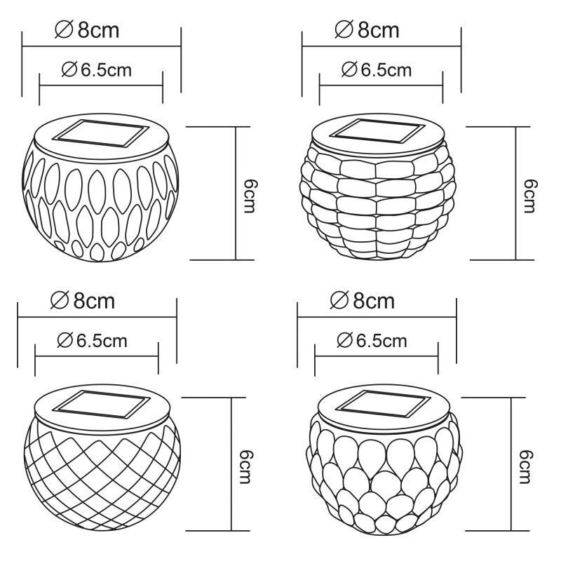 Rysunek przedstawia cztery różne wzory lamp solarnych o średnicy 8 cm i wysokości 6 cm, z panelem solarnym na górze. Każda lampa ma inny wzór powierzchni, a średnica podstawy wynosi 6,5 cm.
